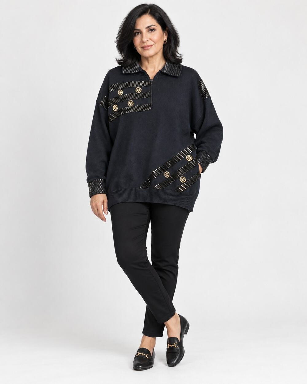 Vintage Mardel Black Embellished Quarter Zip Cotton Sweater XL 1X USA